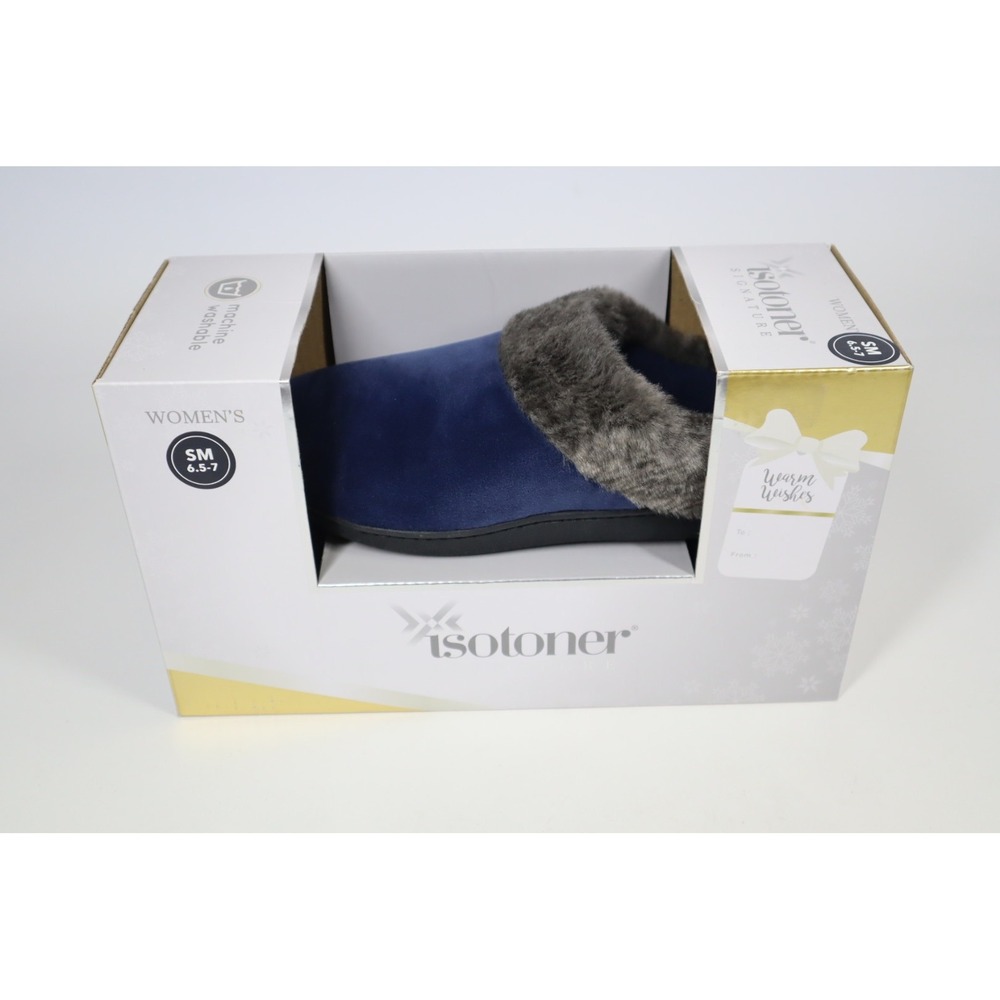 Isotoner Signature Women's‎ Velour Boxed Slippers with Faux-Fur Trim Size 6.5-7
